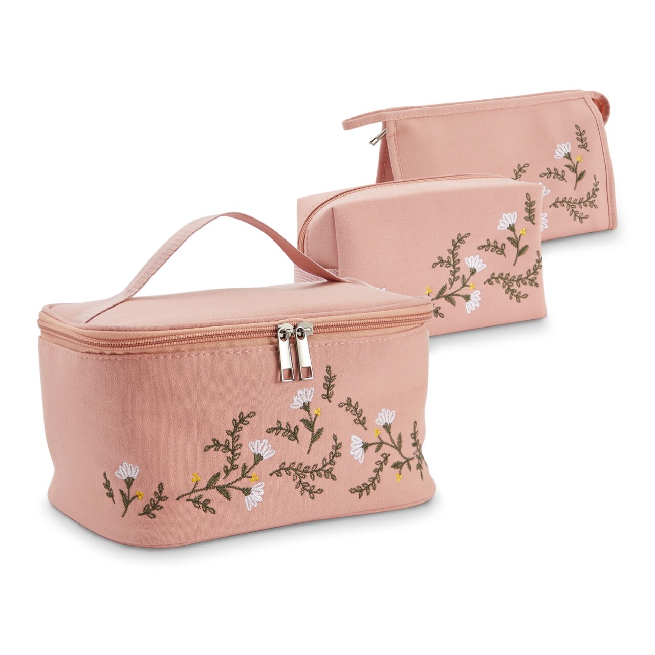3 Piece Cotton Small Makeup Bag for Purse, Floral Travel Organizer Set for Toiletries (Pink)